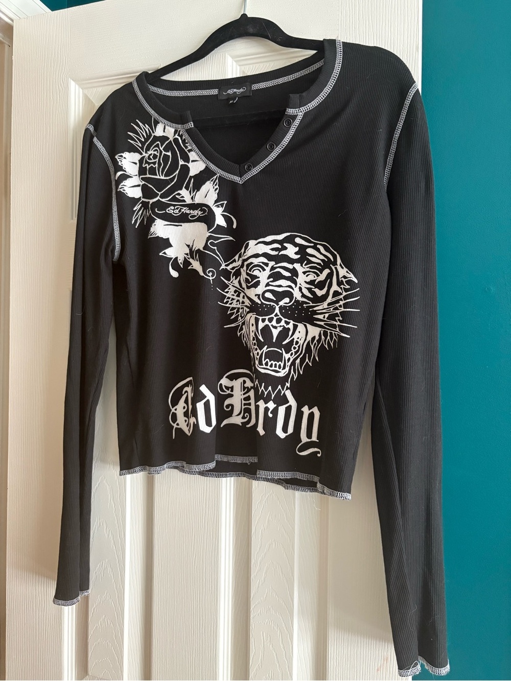 Ed Hardy Black Long-Sleeve Graphic Henley V-Neck Top